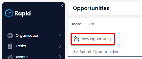 A screenshot that shows the location and appearance of the &quot;New Opportunity&quot; button. The button has an icon of three hexagons and a plus symbol in the lower-right corner. The button appears in the Command Bar of the &quot;Opportunities&quot; pages. The screenshot is annotated with a red box to highlight the location of the button.